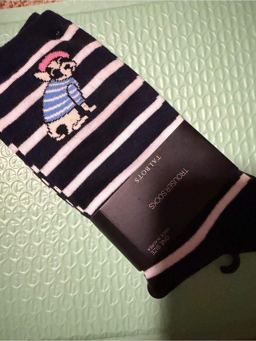 Talbots Navy & Pink Striped Trouser Socks with Frenchie Motif. NWT. OSFA
